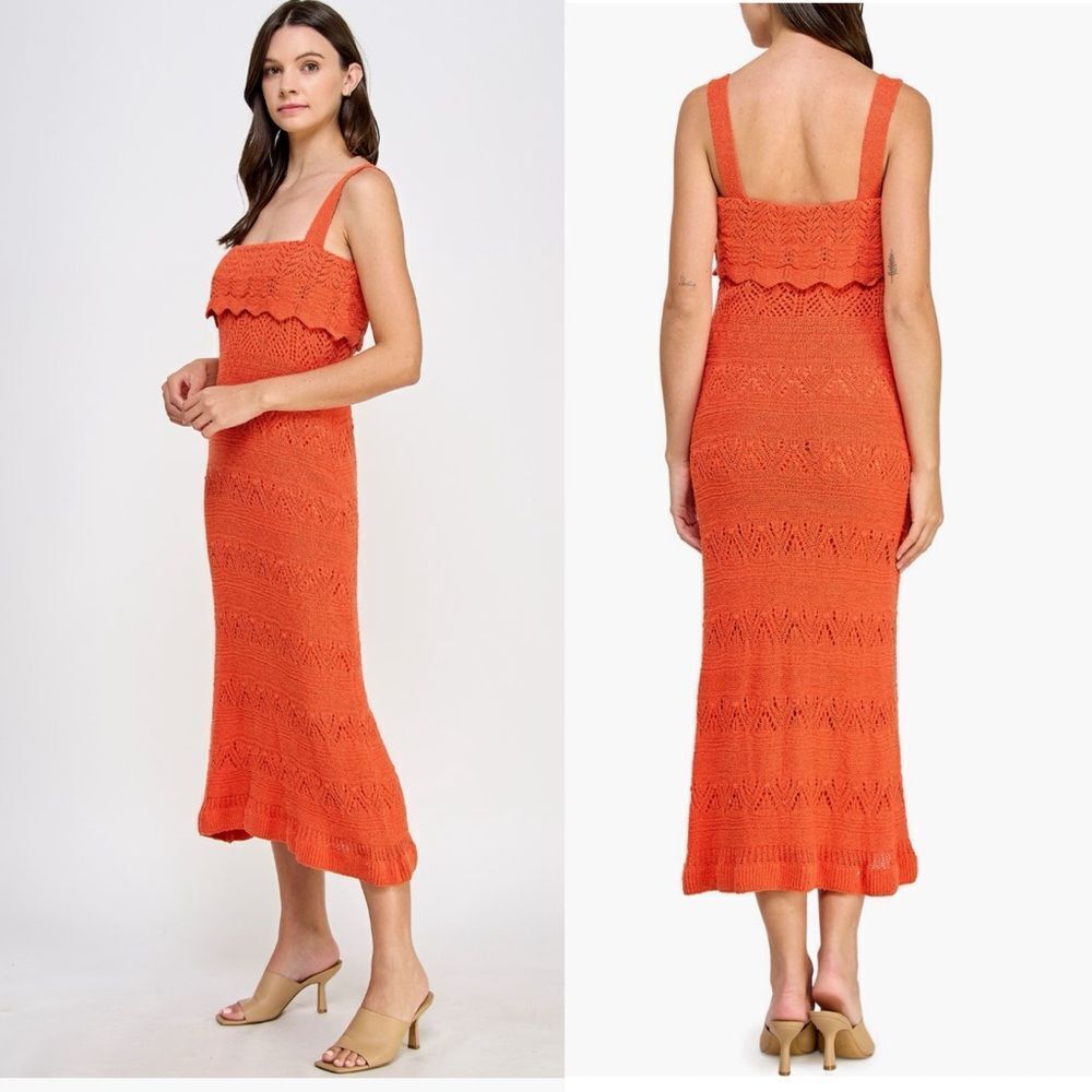 KOKO + MASON Popover Ruffle Pointelle Sweater Dress,‎ Size Small, Orange, NWT